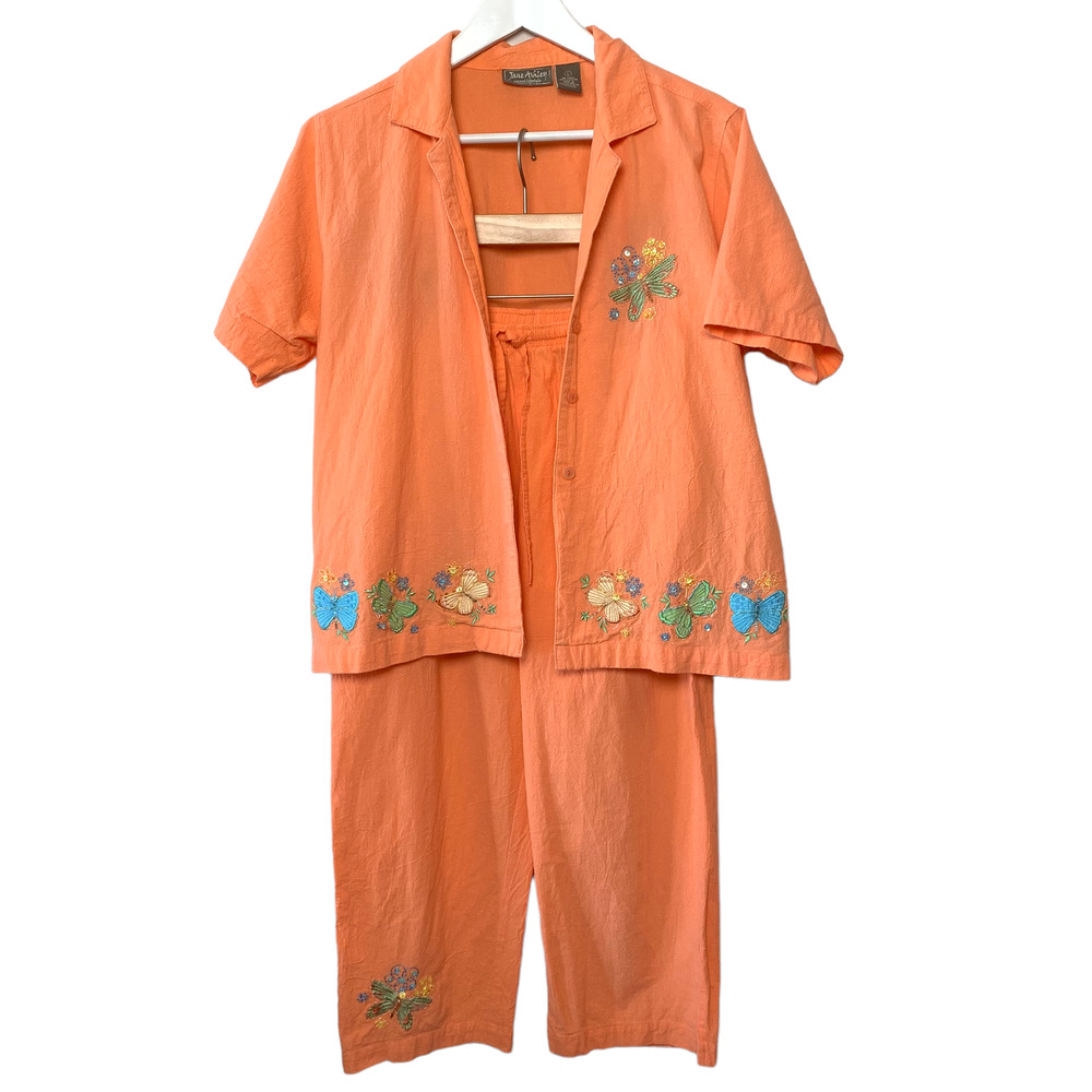 Vintage 90s Jane Ashley Matching Set Pants and Top Butterflies Orange Large